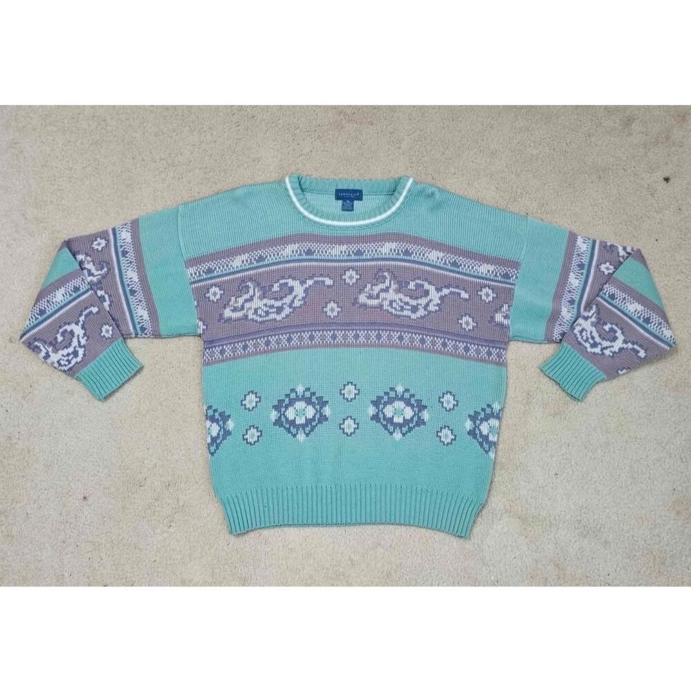 Towncraft Vintage XL Teal Patterned Knit Sweater Gently Used